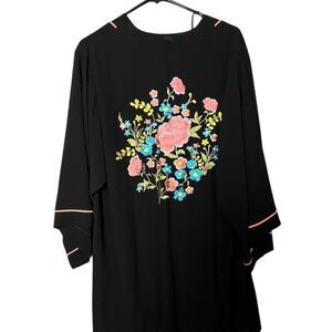 Women's Black Floral Embroidered Long Sleeve Boho Tunic Size L Y2K 90s